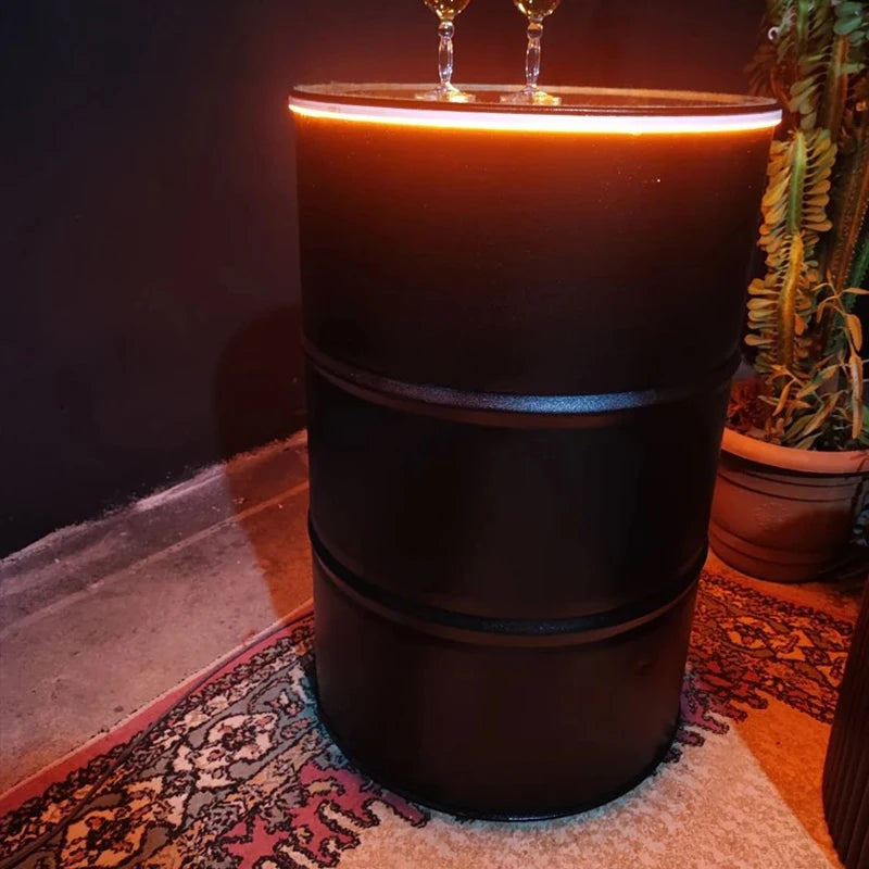 New Arrival Hot Sales Barrel Design Bar Height Table Customized Logo Infinity Mirror Nightclub Pub Led Light Up Furniture