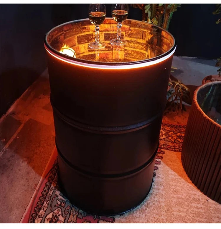 New Arrival Hot Sales Barrel Design Bar Height Table Customized Logo Infinity Mirror Nightclub Pub Led Light Up Furniture